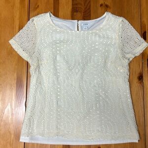 Cream Lace Blouse Short Sleeves, Lined Scoop Neck